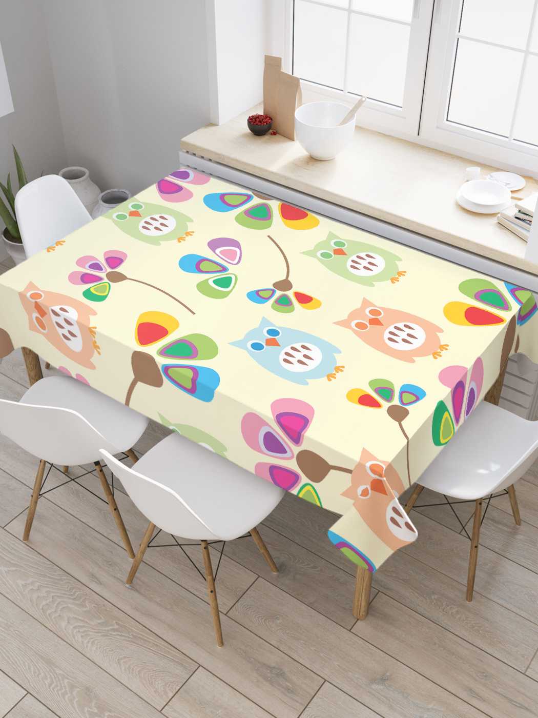 

Скатерть прямоугольная JoyArty "Цветные совы и цветы" из сатена, 120x145 см, Зеленый, Цветные совы и цветы