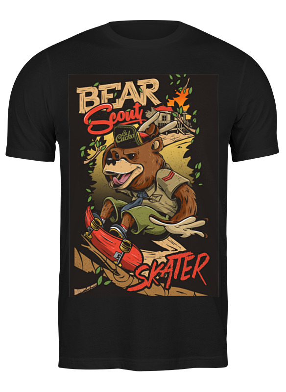 Черная мужская футболка с изображением медведя на скейтборде