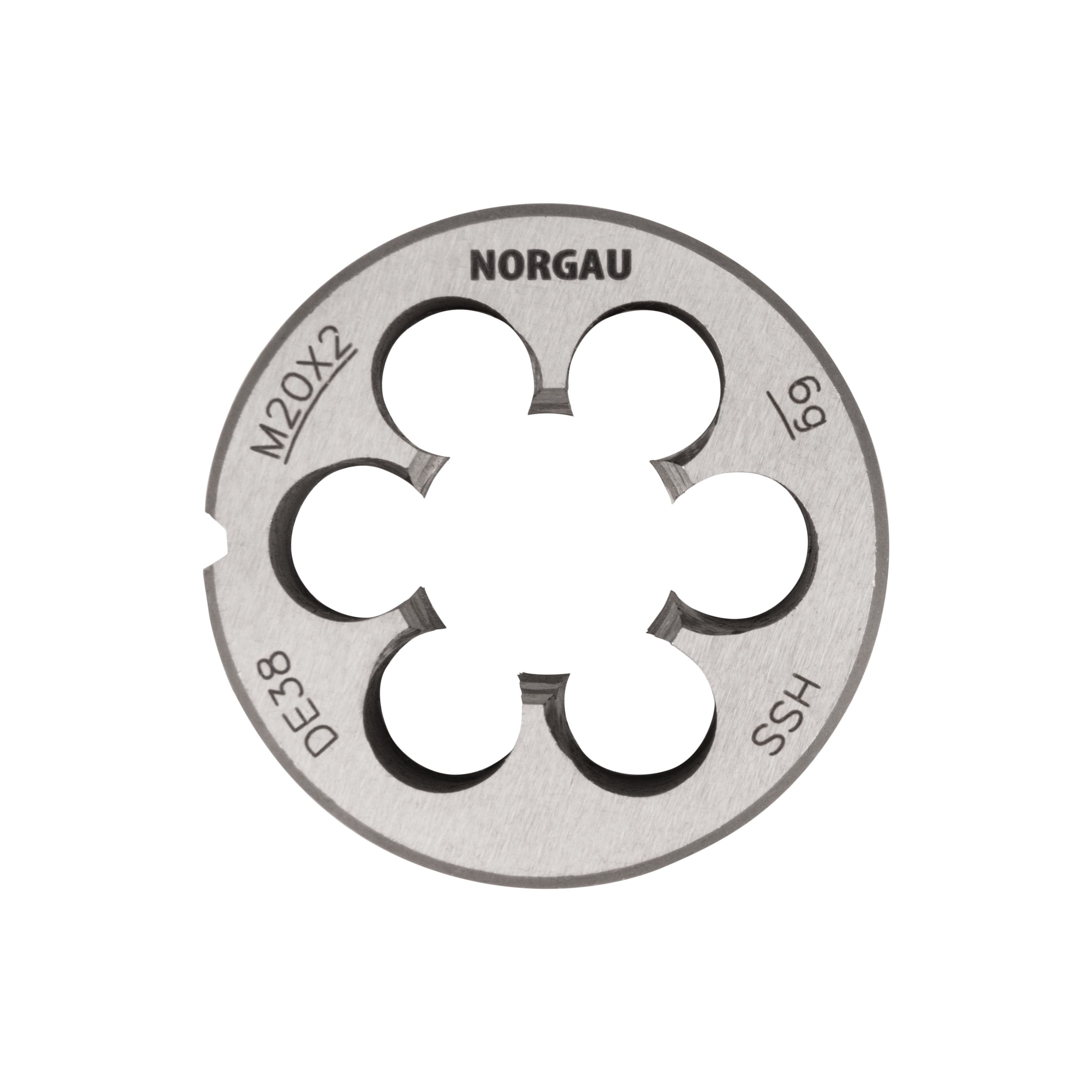 плашка м22х2 5 мм norgau industrial метрическая угол 60° по din223 hss Плашка NORGAU Industrial М20х1.5х45 мм, метрическая, угол 60°, по DIN223, HSS