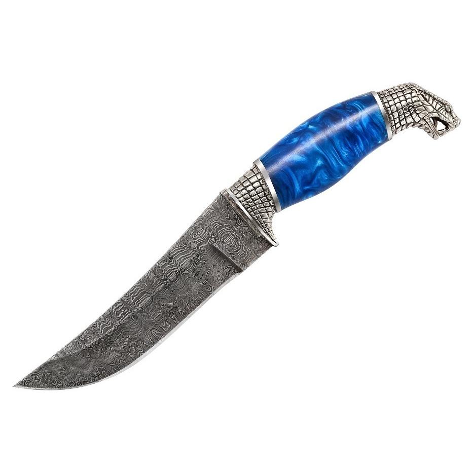 Нож ручной работы Гюрза, Дамасская сталь, рукоять акрил синий