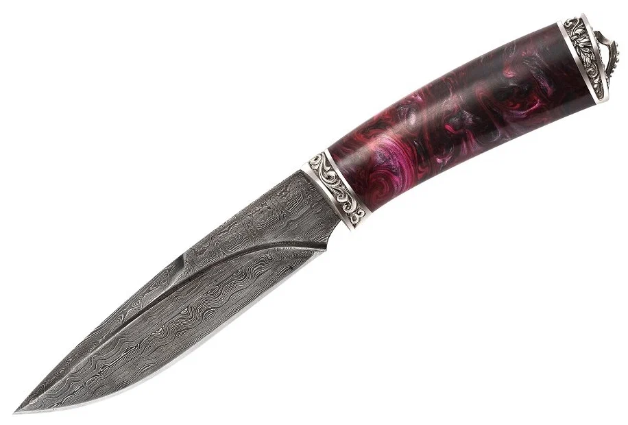 Нож ручной работы Енот, Дамасская сталь, рукоять акрил, цвет фиолетовый