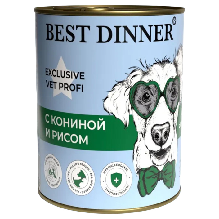 

Консервы для собак Best Dinner Exclusive Hypoallergenic, конина с рисом, 340г, Exclusive Hypoallergenic