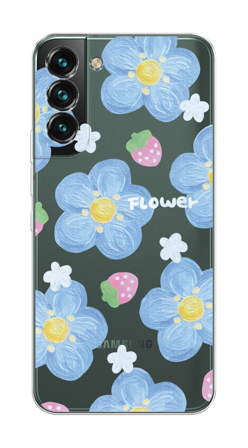 

Чехол на Samsung Galaxy S22 Plus "Цветы и клубники", Прозрачный;голубой;белый, 2103950-1
