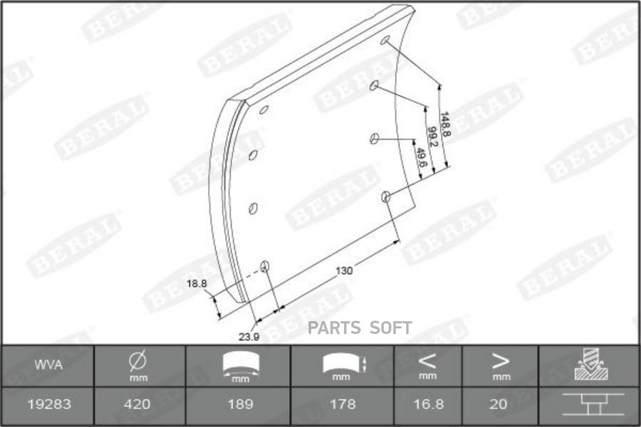 BERAL KBL1928311686 KBL19283.1-1686 накладки тормозные 1-рем. БЕЗ ЗАКЛ.(420x178) (93251 8x