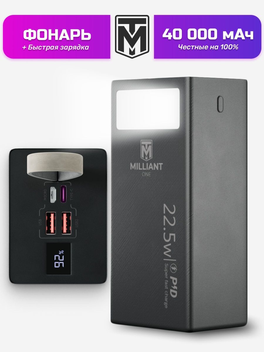 Внешний аккумулятор Milliant One 40000 мА/ч, черный (Powerbank-MilliantOne-40000-black1)