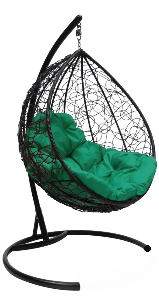фото Подвесное кресло двухместное double, цвет плетения черный, подушка зеленый, каркас черный ротанг