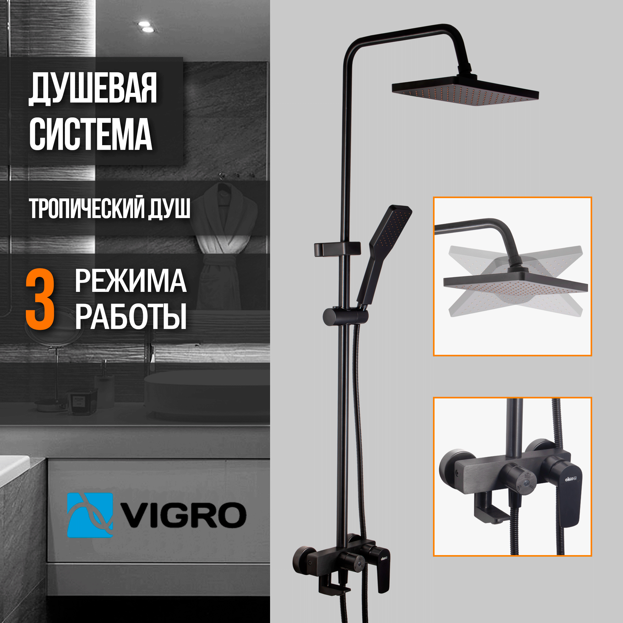 Душевая система с тропическим душем и смесителем VIGRO VG2403-7 черная