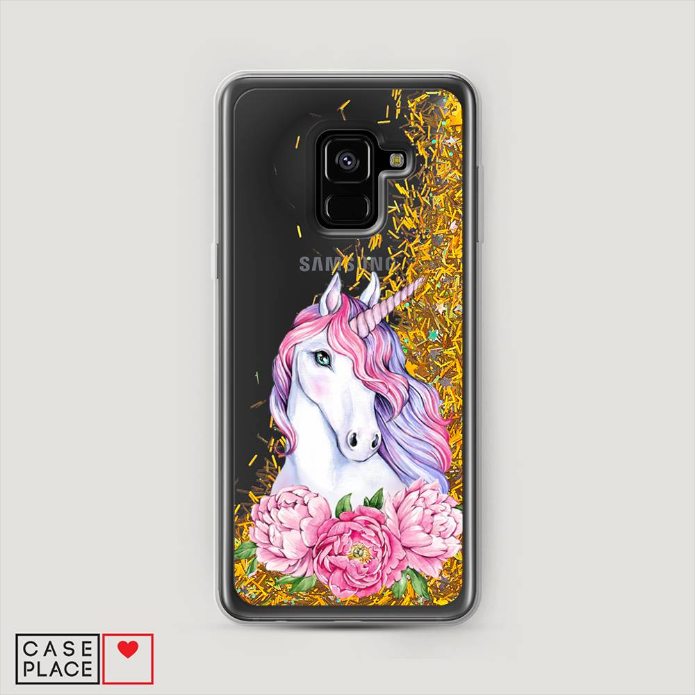 

Жидкий чехол с блестками "Единорог с пионами" на Samsung Galaxy A8 2018