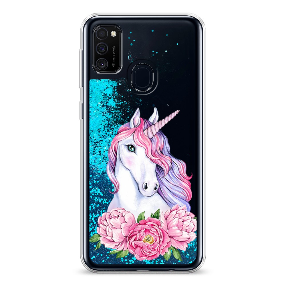 

Жидкий чехол с блестками "Единорог с пионами" на Samsung Galaxy M21, 29793-1