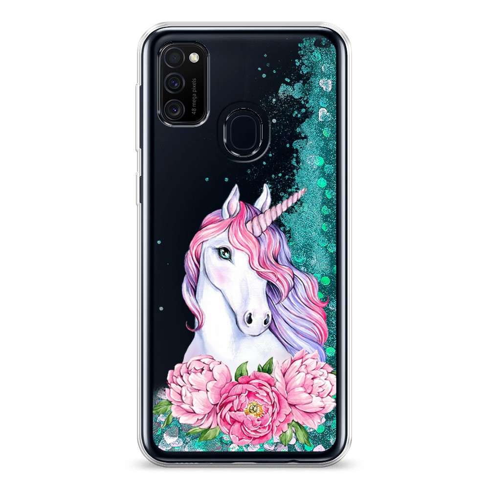 

Жидкий чехол с блестками "Единорог с пионами" на Samsung Galaxy M21, 29795-1