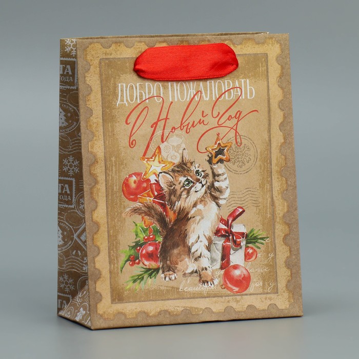 

Пакет крафтовый вертикальный «Добро пожаловать в Новый год», S 12 х 15 х 5.5 см, Коричневый