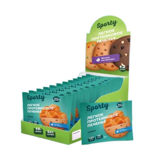 Печенье протеиновое Sporty Light Protein Cookie тоффи, коробка 12 шт х 40 г