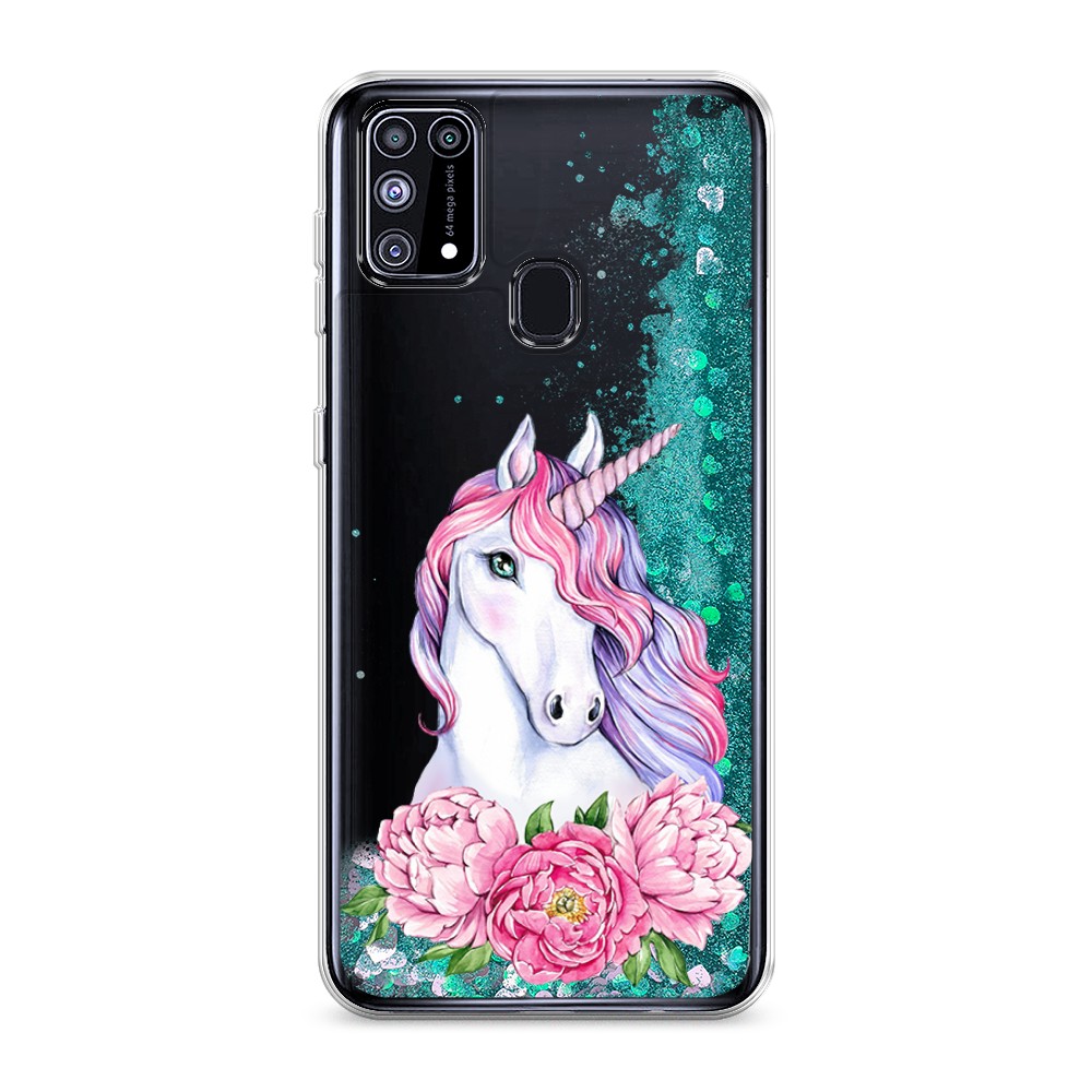 

Жидкий чехол с блестками "Единорог с пионами" на Samsung Galaxy M31, 2100795-1