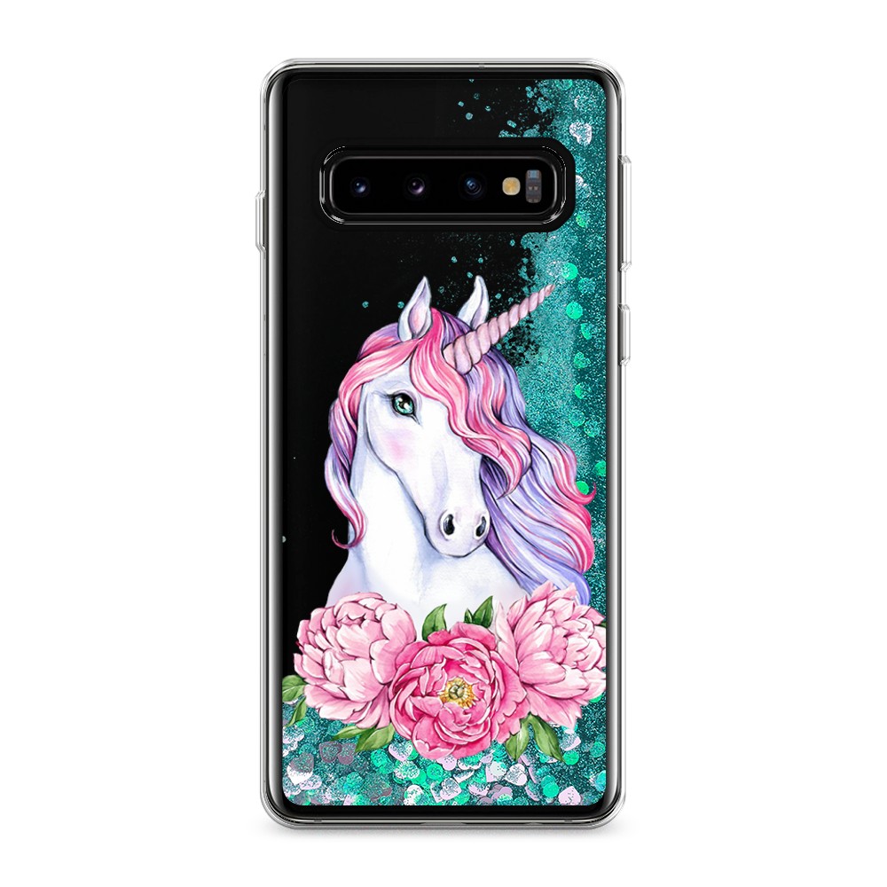 

Жидкий чехол с блестками "Единорог с пионами" на Samsung Galaxy S10, 27095-1
