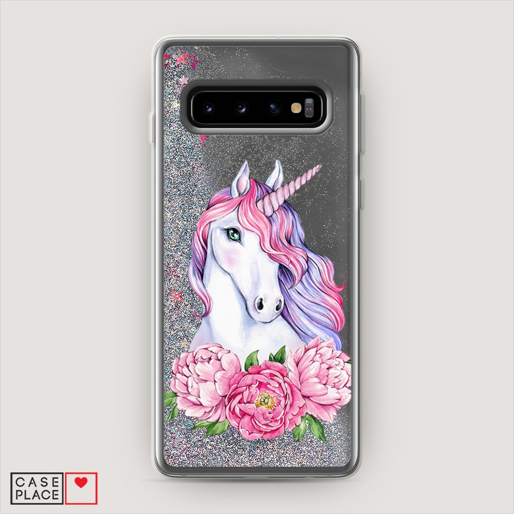 

Жидкий чехол с блестками "Единорог с пионами" на Samsung Galaxy S10 +, 27191-1