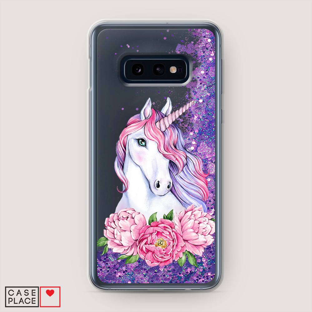

Жидкий чехол с блестками "Единорог с пионами" на Samsung Galaxy S10E