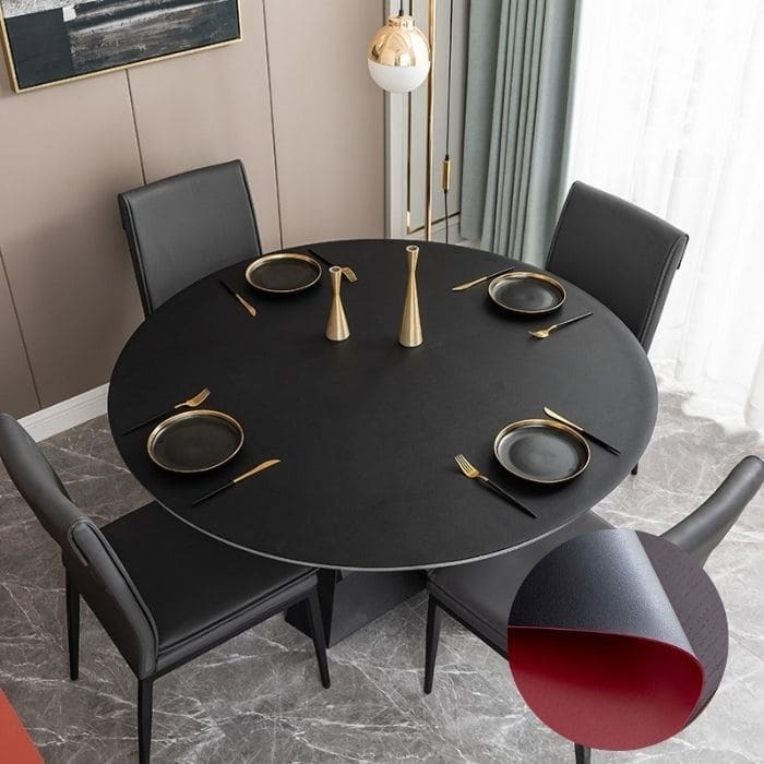 фото Скатерть-накладка на круглый стол диаметр 110см двухсторонняя из экокожи черная-красная декорум в доме