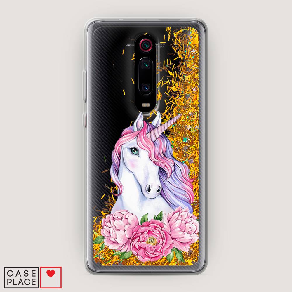 

Жидкий чехол с блестками "Единорог с пионами" на Xiaomi Mi 9T, 35790-1