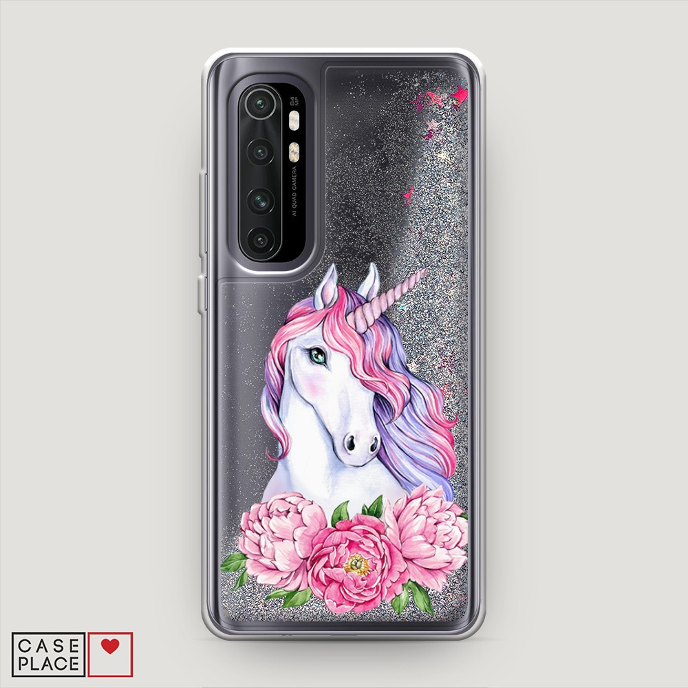 

Жидкий чехол с блестками "Единорог с пионами" на Xiaomi Mi Note 10 lite, 38491-1