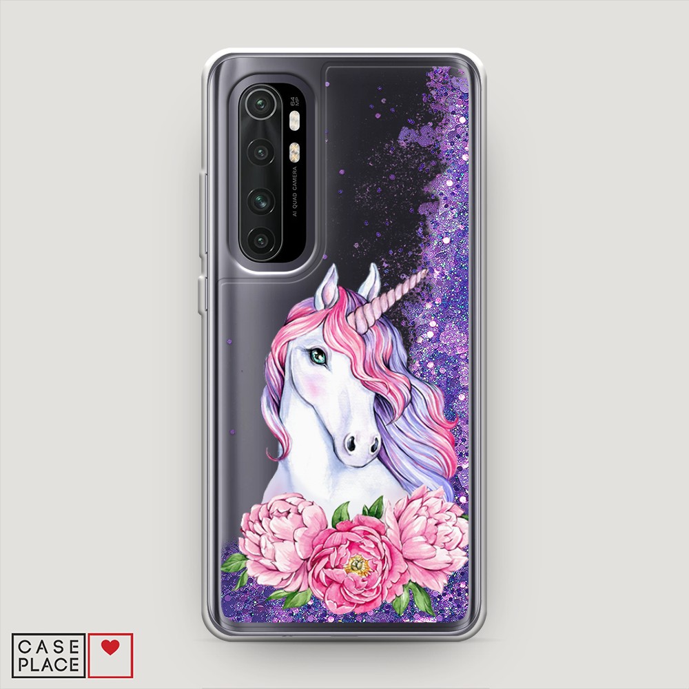 

Жидкий чехол с блестками "Единорог с пионами" на Xiaomi Mi Note 10 lite, 38492-1
