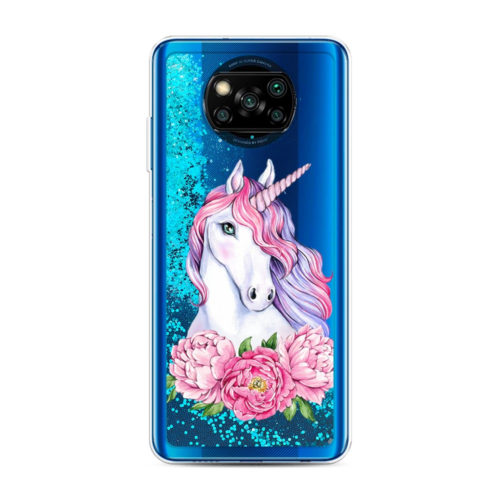

Жидкий чехол с блестками "Единорог с пионами" на Xiaomi Poco X3 NFC, 39293-1
