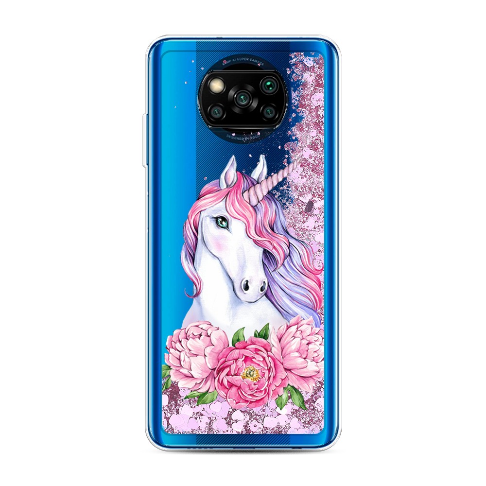 

Жидкий чехол с блестками "Единорог с пионами" на Xiaomi Poco X3 NFC, 39294-1