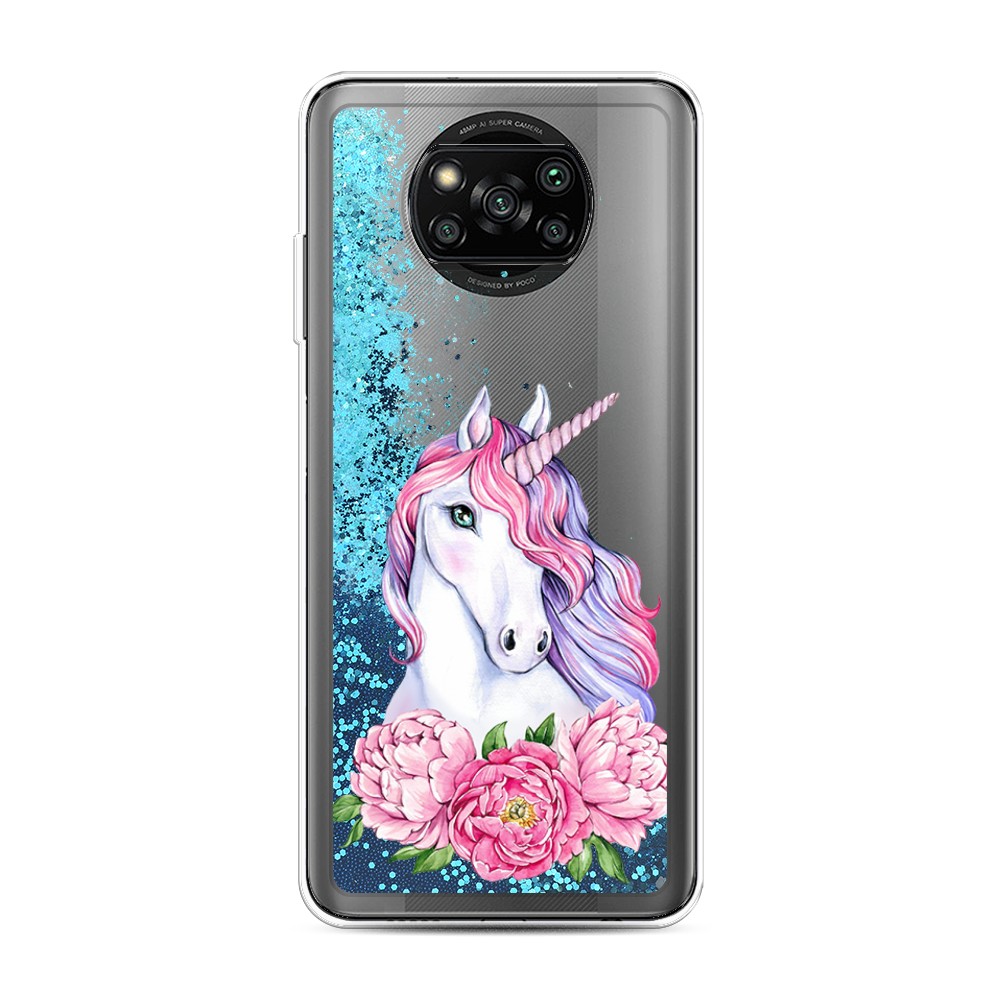 

Жидкий чехол с блестками "Единорог с пионами" на Xiaomi Poco X3 Pro, 310693-1