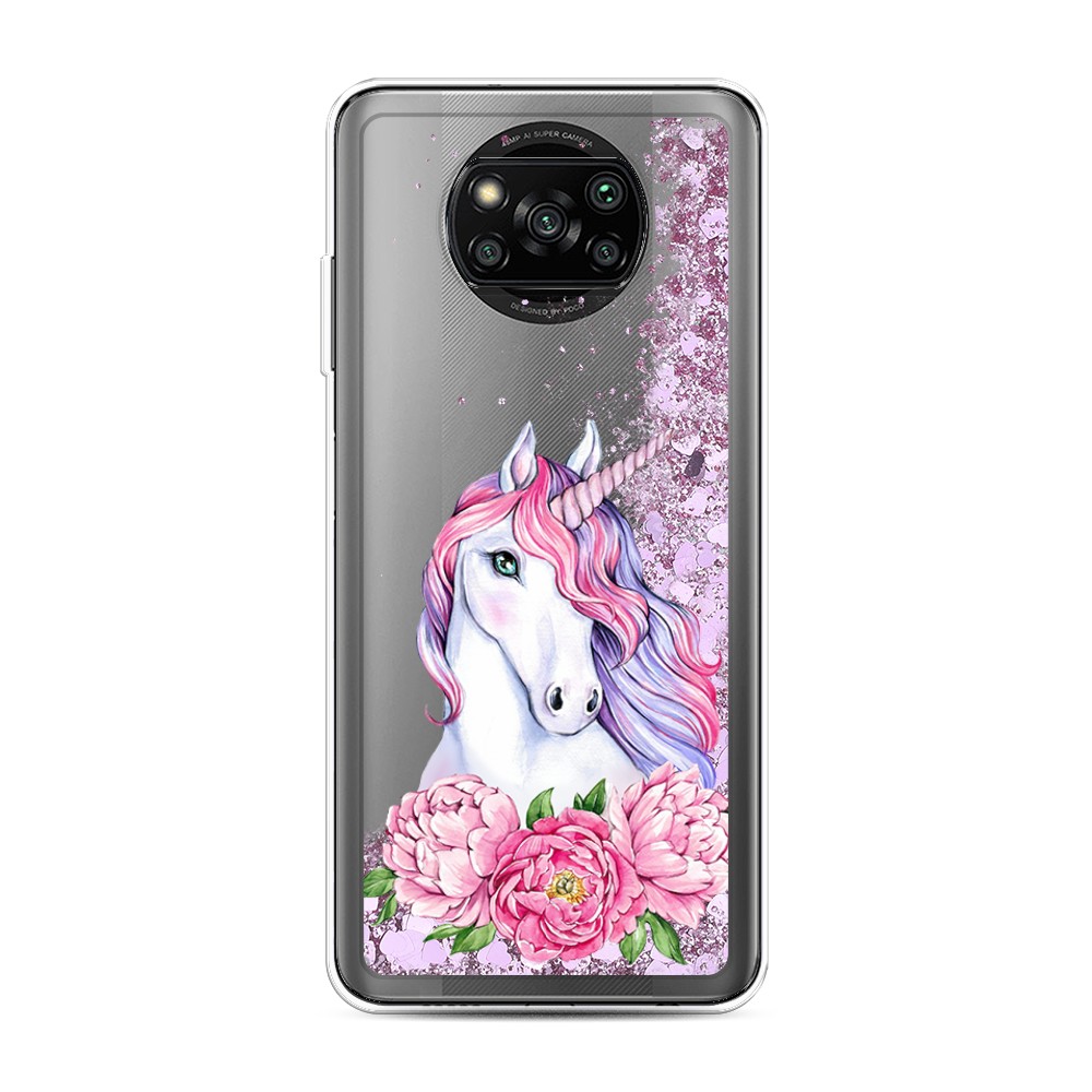 

Жидкий чехол с блестками "Единорог с пионами" на Xiaomi Poco X3 Pro, 310694-1