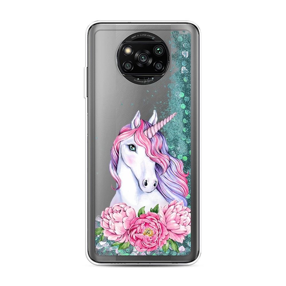 

Жидкий чехол с блестками "Единорог с пионами" на Xiaomi Poco X3 Pro, 310695-1
