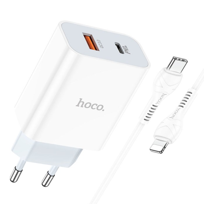 

Сетевое зарядное устройство Hoco C97A, USB, Type-C, Type-C - Lightning 1 м, белое, C97A