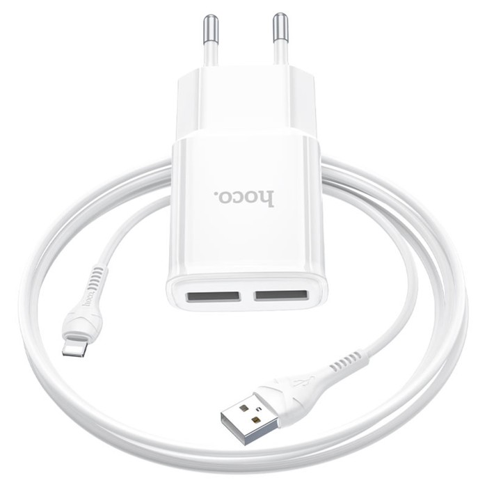 

Сетевое зарядное устройство Hoco C88A, 2 USB, кабель Lightning - USB 1 м, белый, C88A