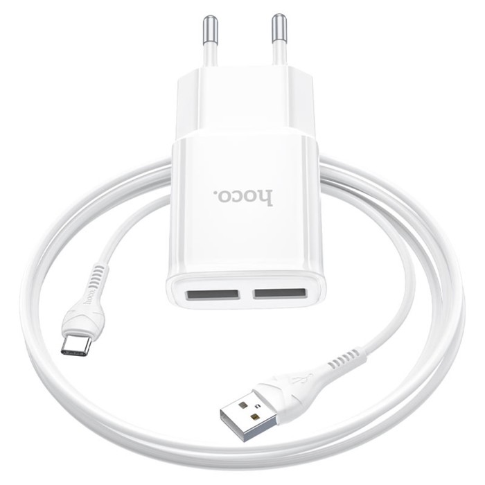 

Сетевое зарядное устройство Hoco C88A, 2 USB, кабель Type-C - USB 1 м, белый, C88A