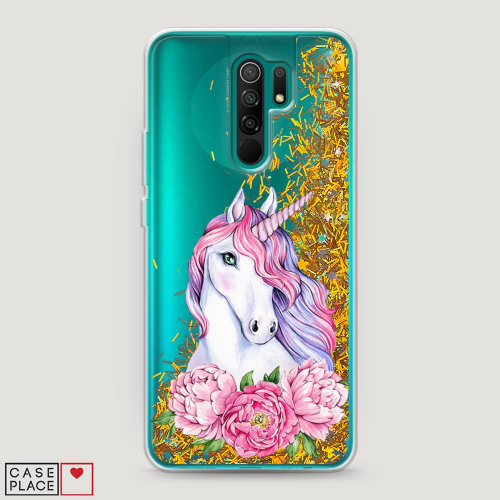 

Жидкий чехол с блестками "Единорог с пионами" на Xiaomi Redmi 9, 38390-1
