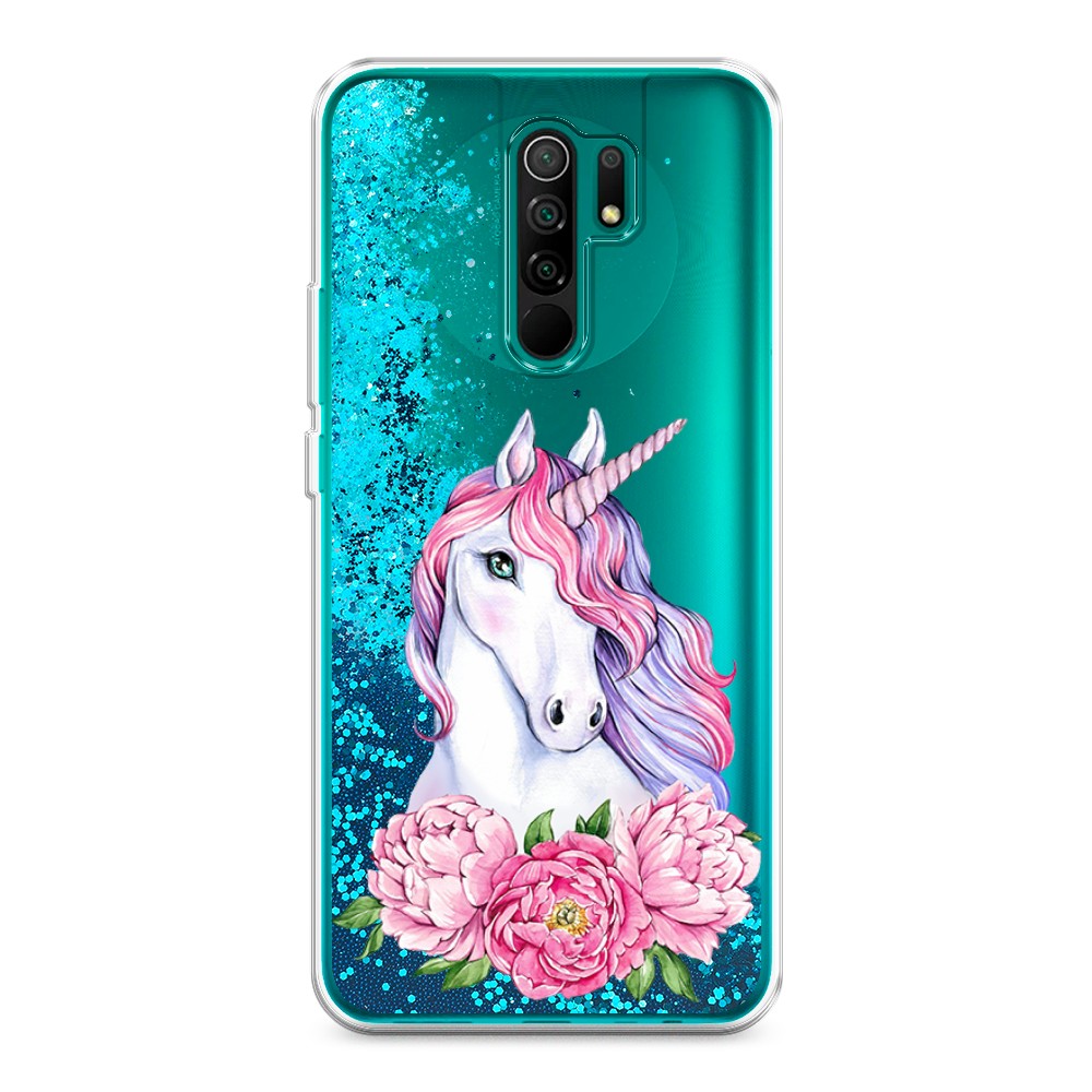 

Жидкий чехол с блестками "Единорог с пионами" на Xiaomi Redmi 9, 38393-1