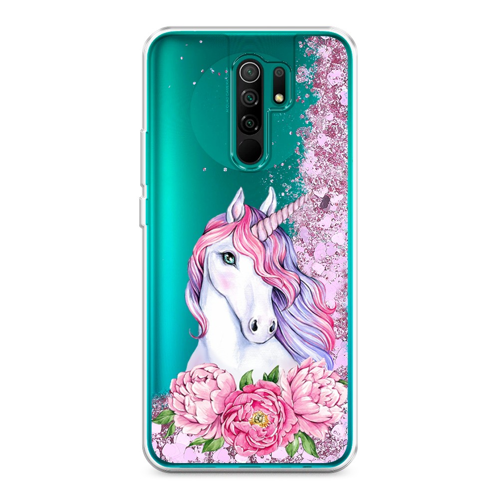 

Жидкий чехол с блестками "Единорог с пионами" на Xiaomi Redmi 9, 38394-1