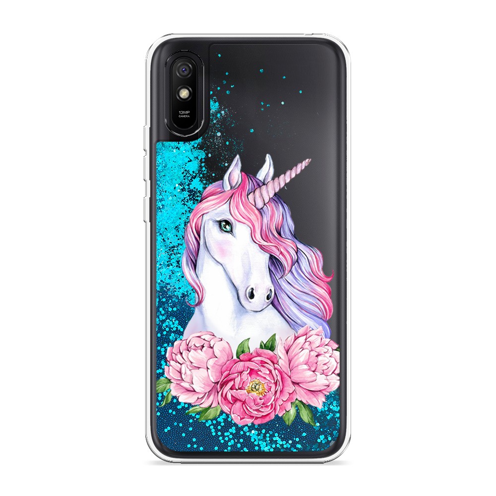 

Жидкий чехол с блестками "Единорог с пионами" на Xiaomi Redmi 9A, 38993-1