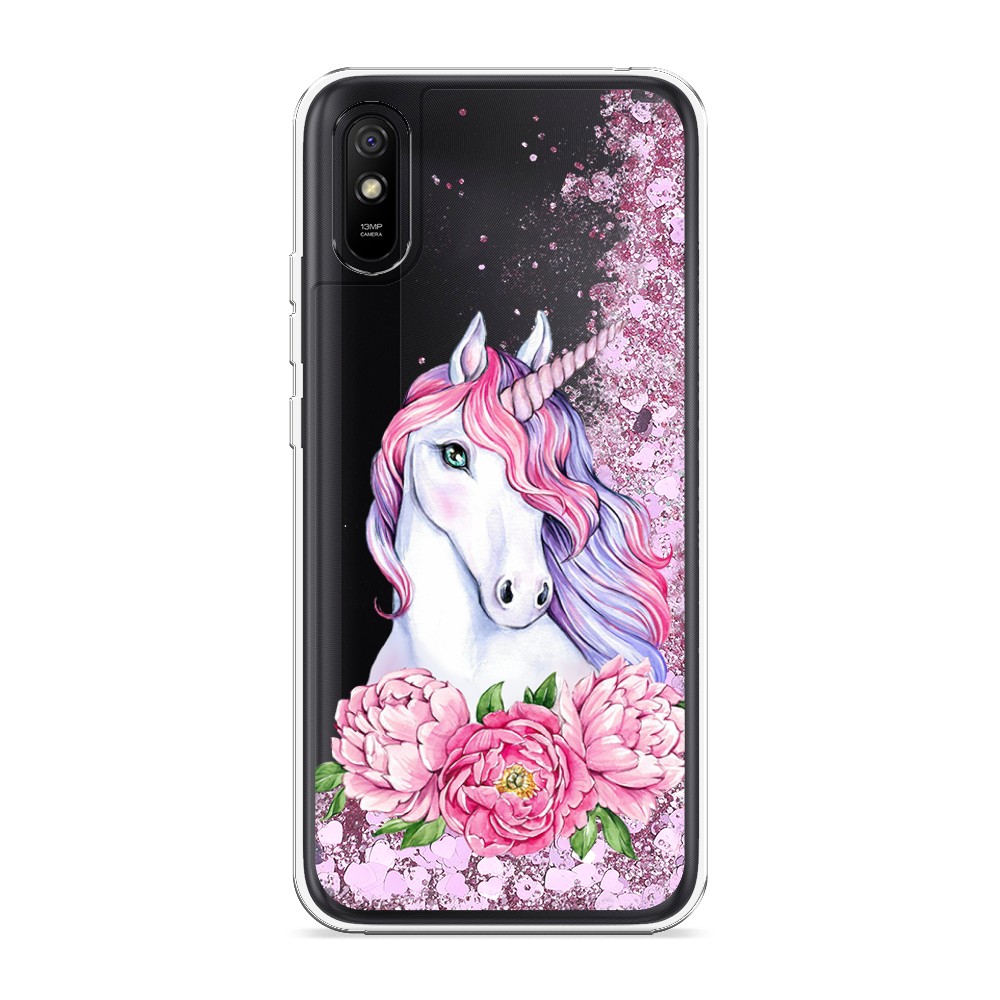 

Жидкий чехол с блестками "Единорог с пионами" на Xiaomi Redmi 9A, 38994-1