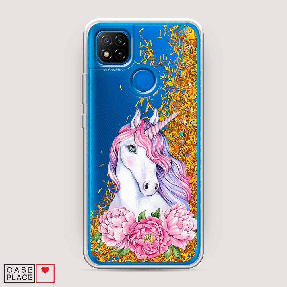 

Жидкий чехол с блестками "Единорог с пионами" на Xiaomi Redmi 9C, 39090-1