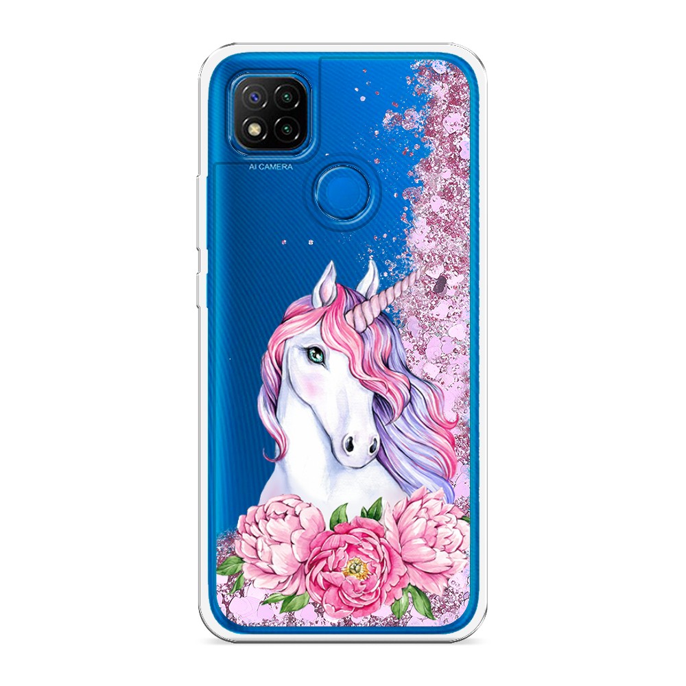 

Жидкий чехол с блестками "Единорог с пионами" на Xiaomi Redmi 9C
