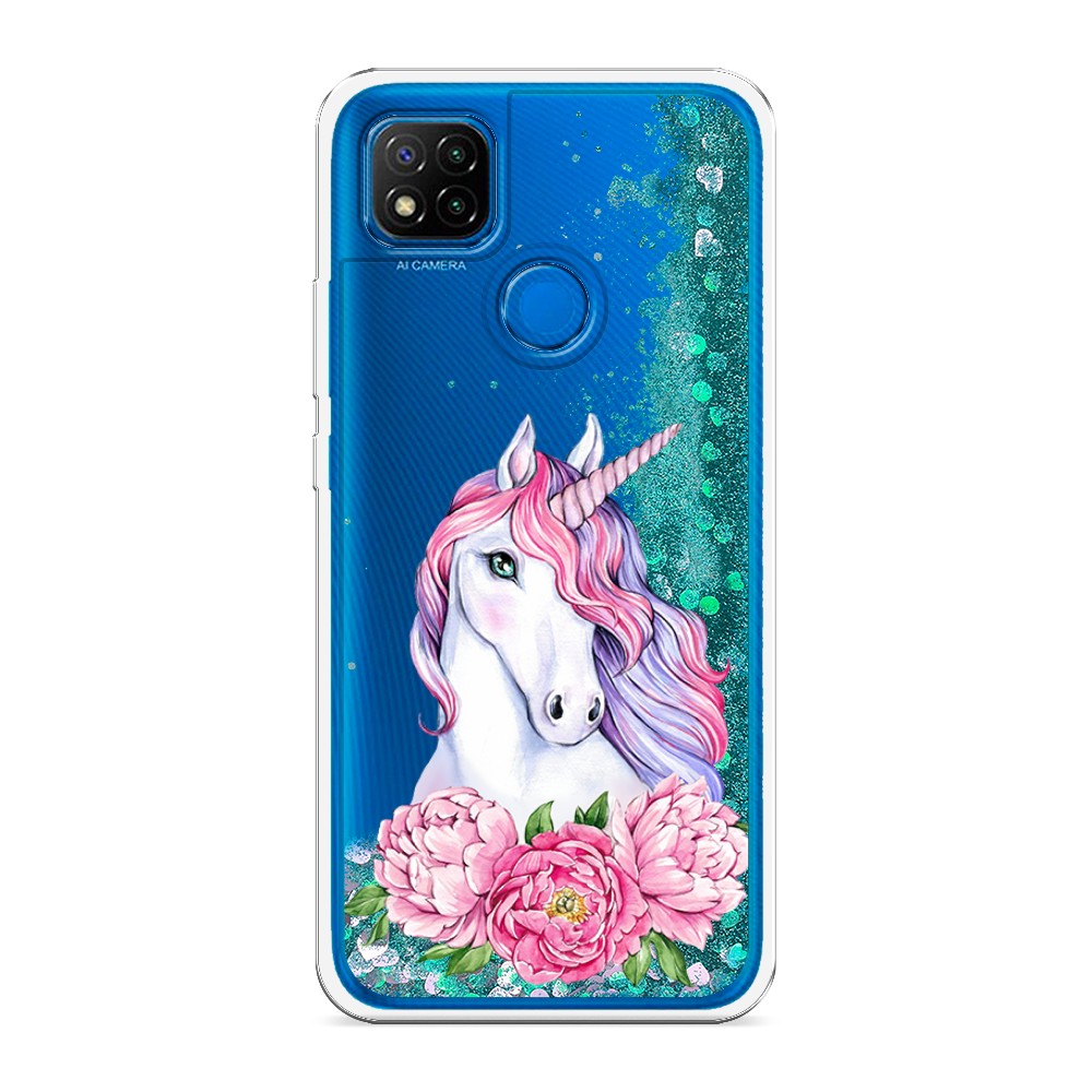 

Жидкий чехол с блестками "Единорог с пионами" на Xiaomi Redmi 9C