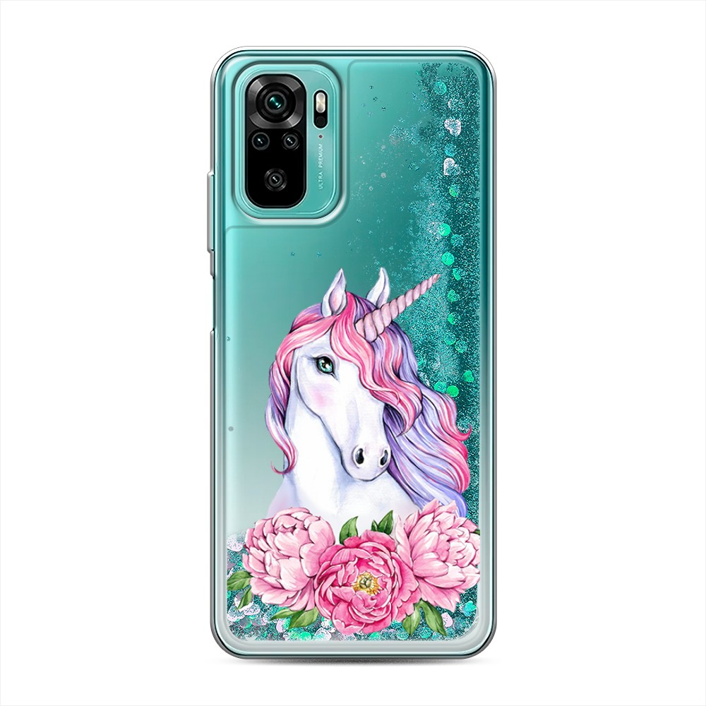 

Жидкий чехол с блестками "Единорог с пионами" на Xiaomi Redmi Note 10