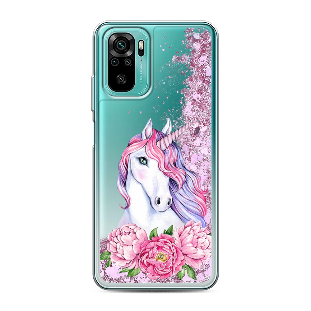

Жидкий чехол с блестками "Единорог с пионами" на Xiaomi Redmi Note 10S