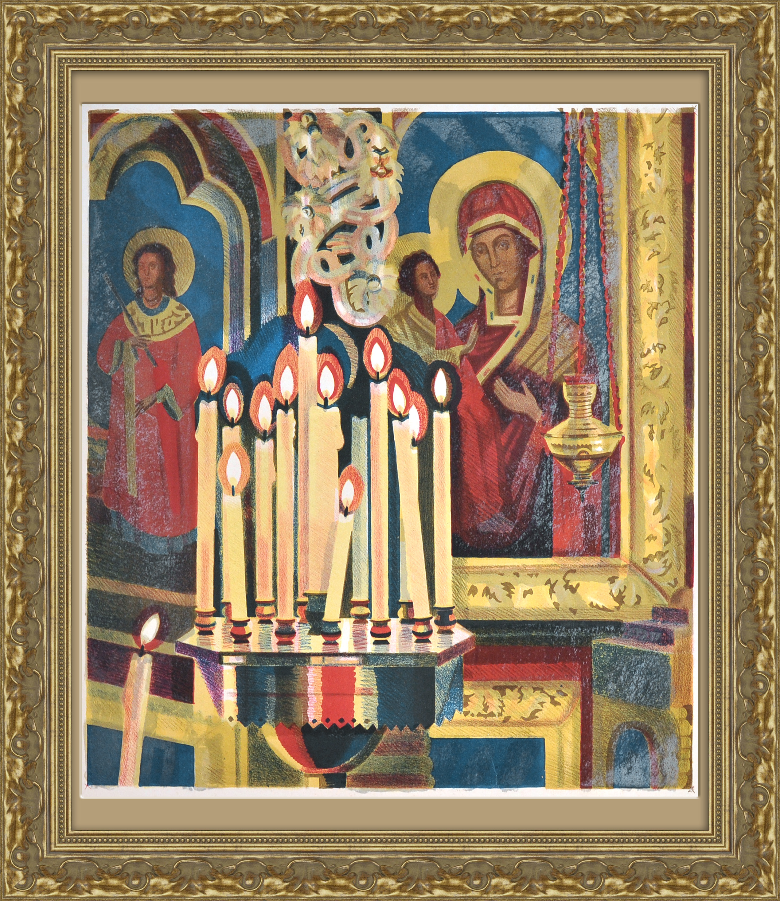 

В церкви. Большая цветная литография