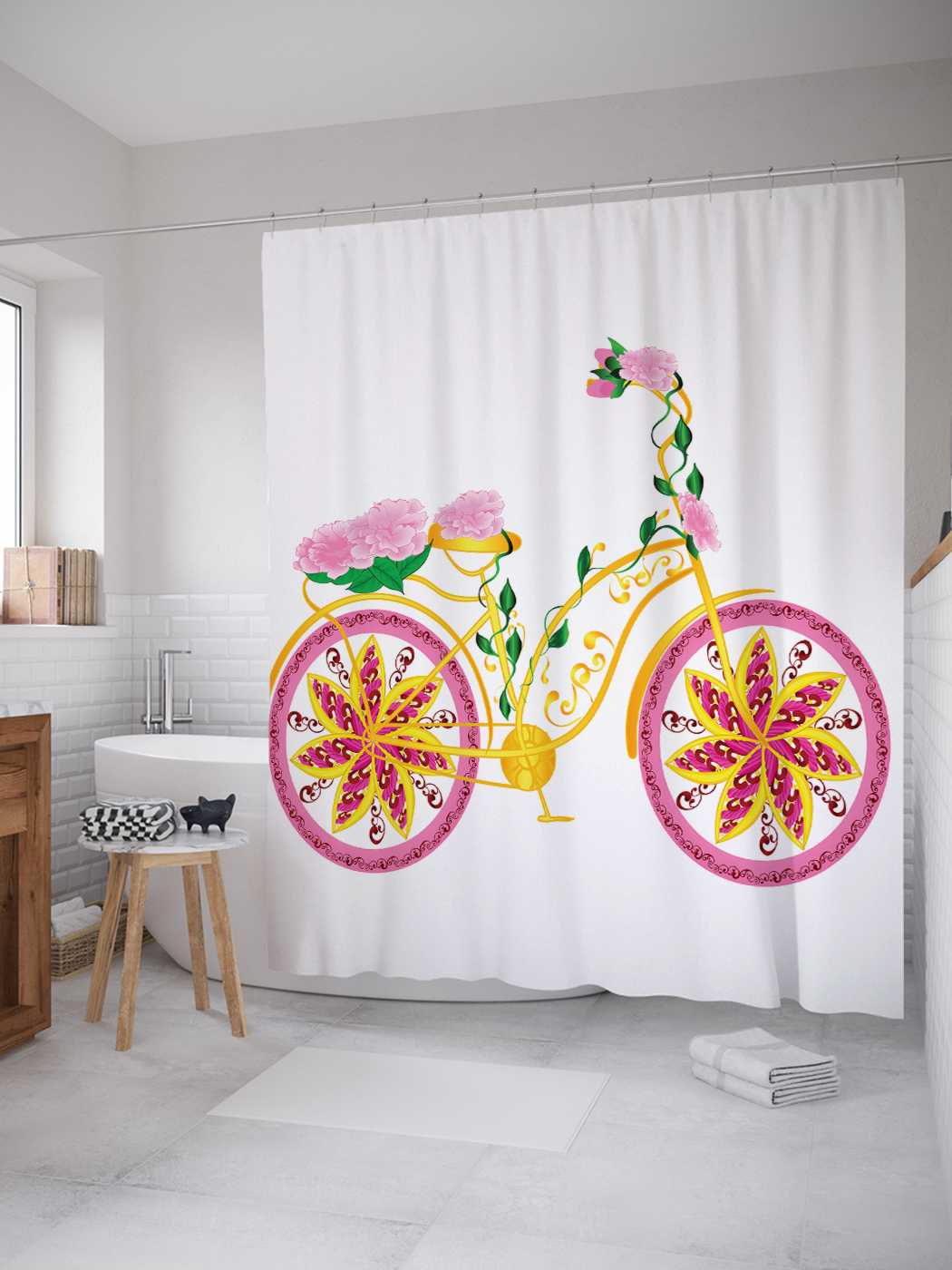 фото Штора для ванной joyarty "девичий велосипед" из сатена, 180х200 см с крючками