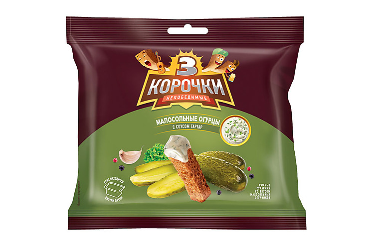 «3 Корочки», сухарики со вкусом малосольных огурчиков и соусом тар-тар, 85 г