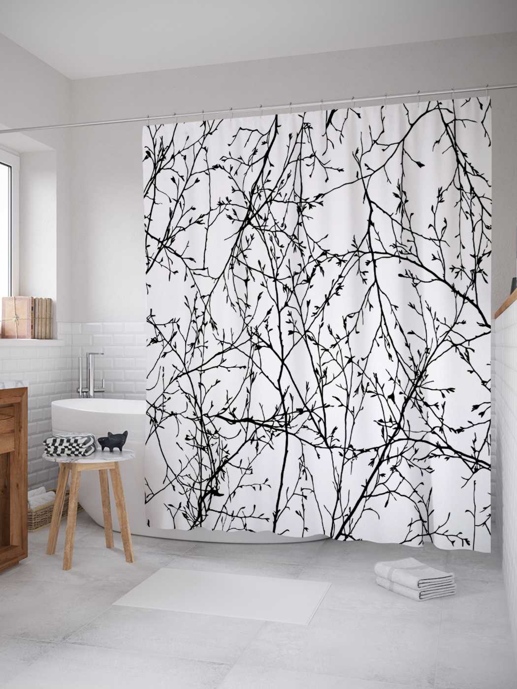 

Штора для ванной JoyArty "Ветвистое небо" из сатена, 180х200 см с крючками, Белый