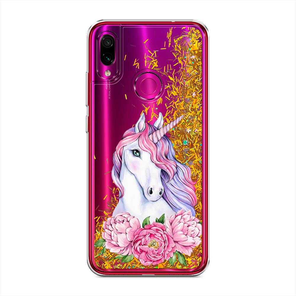 

Жидкий чехол с блестками "Единорог с пионами" на Xiaomi Redmi Note 7, 34790-1