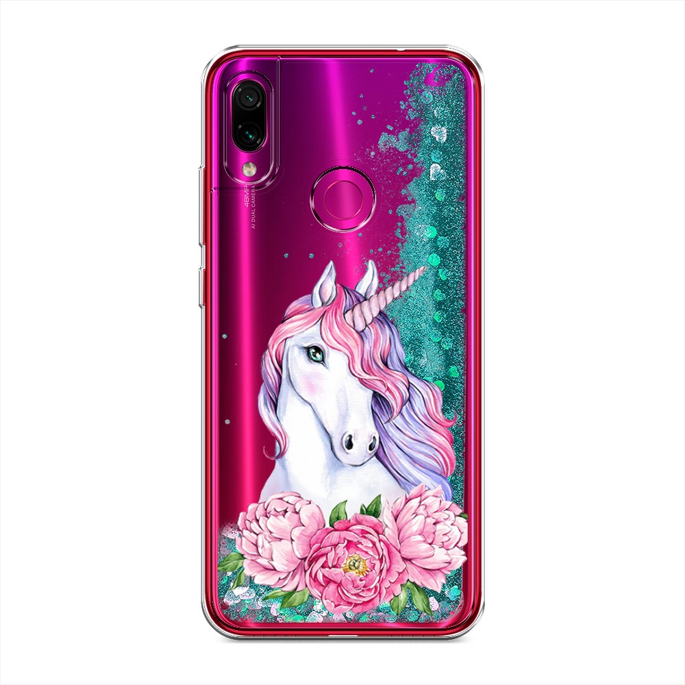 

Жидкий чехол с блестками "Единорог с пионами" на Xiaomi Redmi Note 7, 34795-1