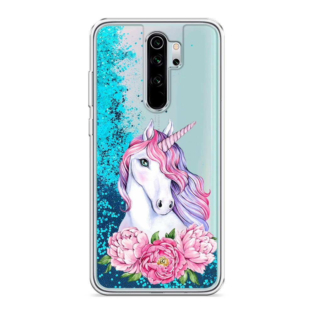 фото Жидкий чехол с блестками "единорог с пионами" на xiaomi redmi note 8 pro awog