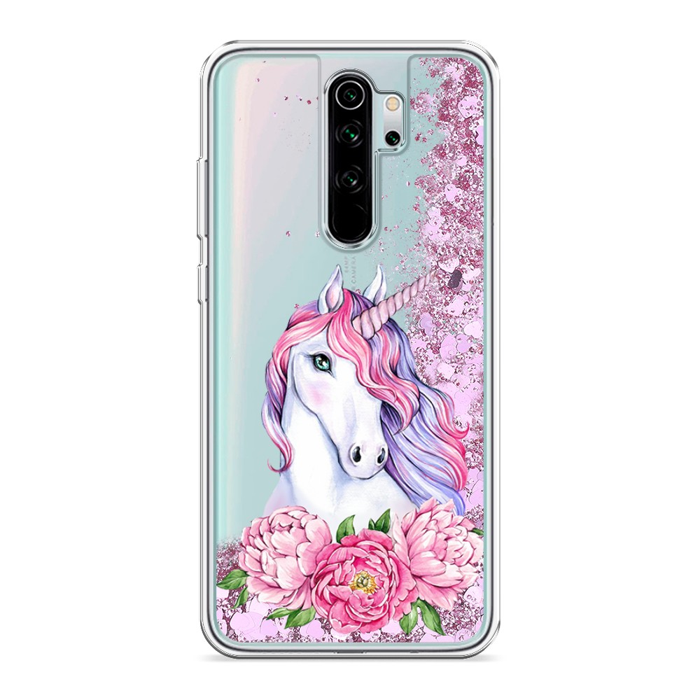 

Жидкий чехол с блестками "Единорог с пионами" на Xiaomi Redmi Note 8 Pro